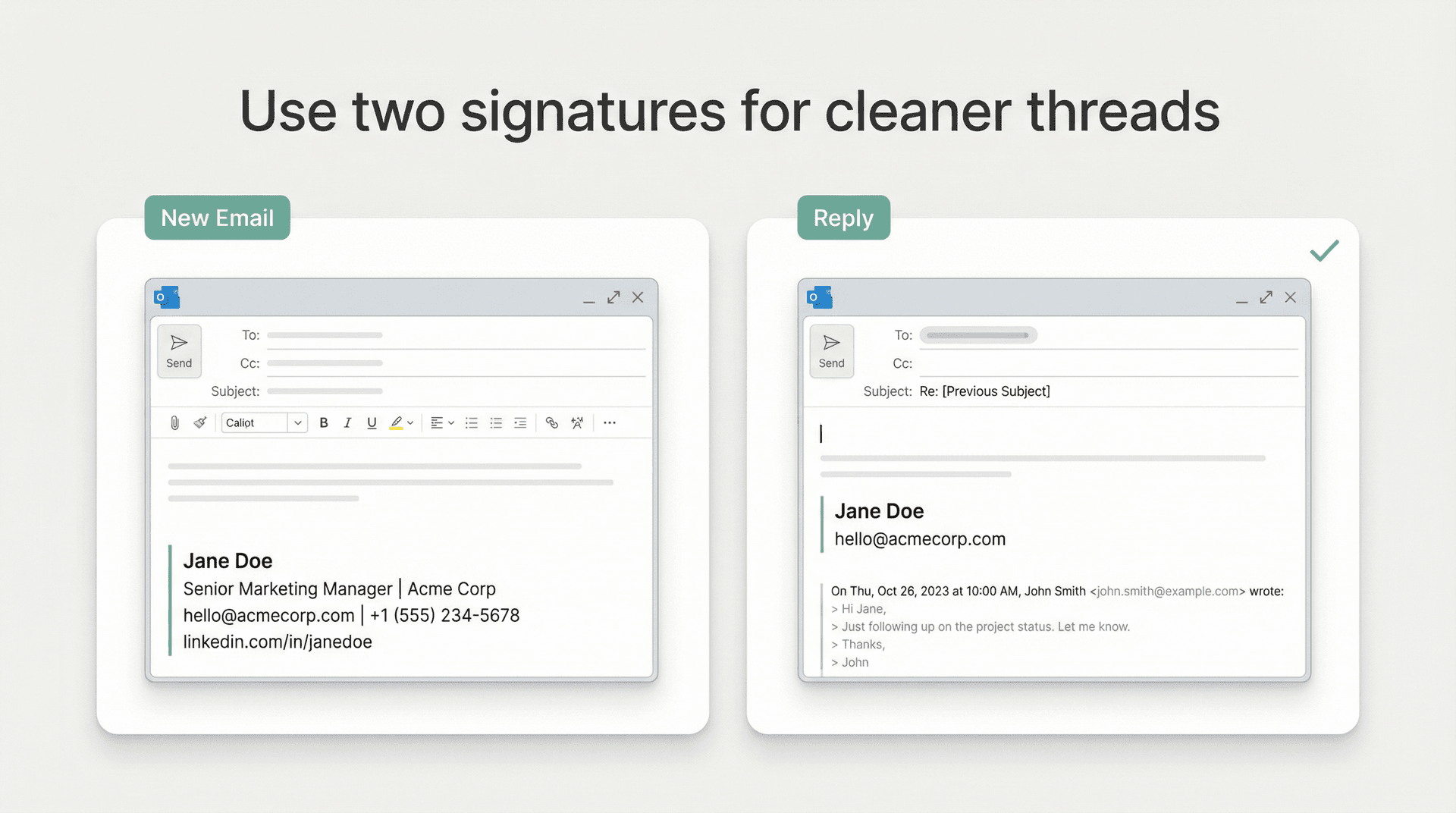 Side-by-side comparison of a full Outlook new-email signature versus a short reply signature for cleaner email threads