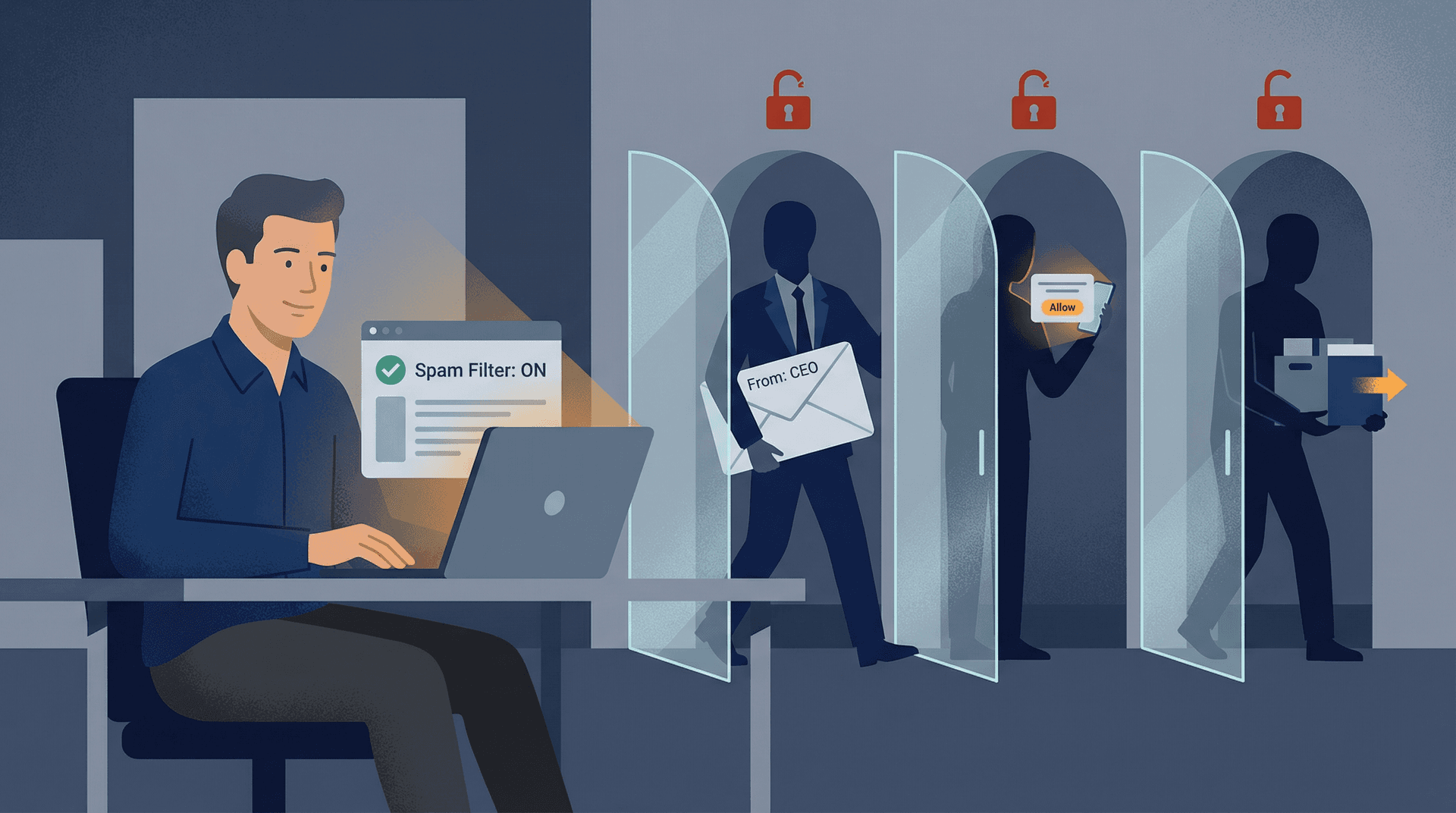 IT admin focused on spam filter while three email threats sneak through unlocked security gaps in the background