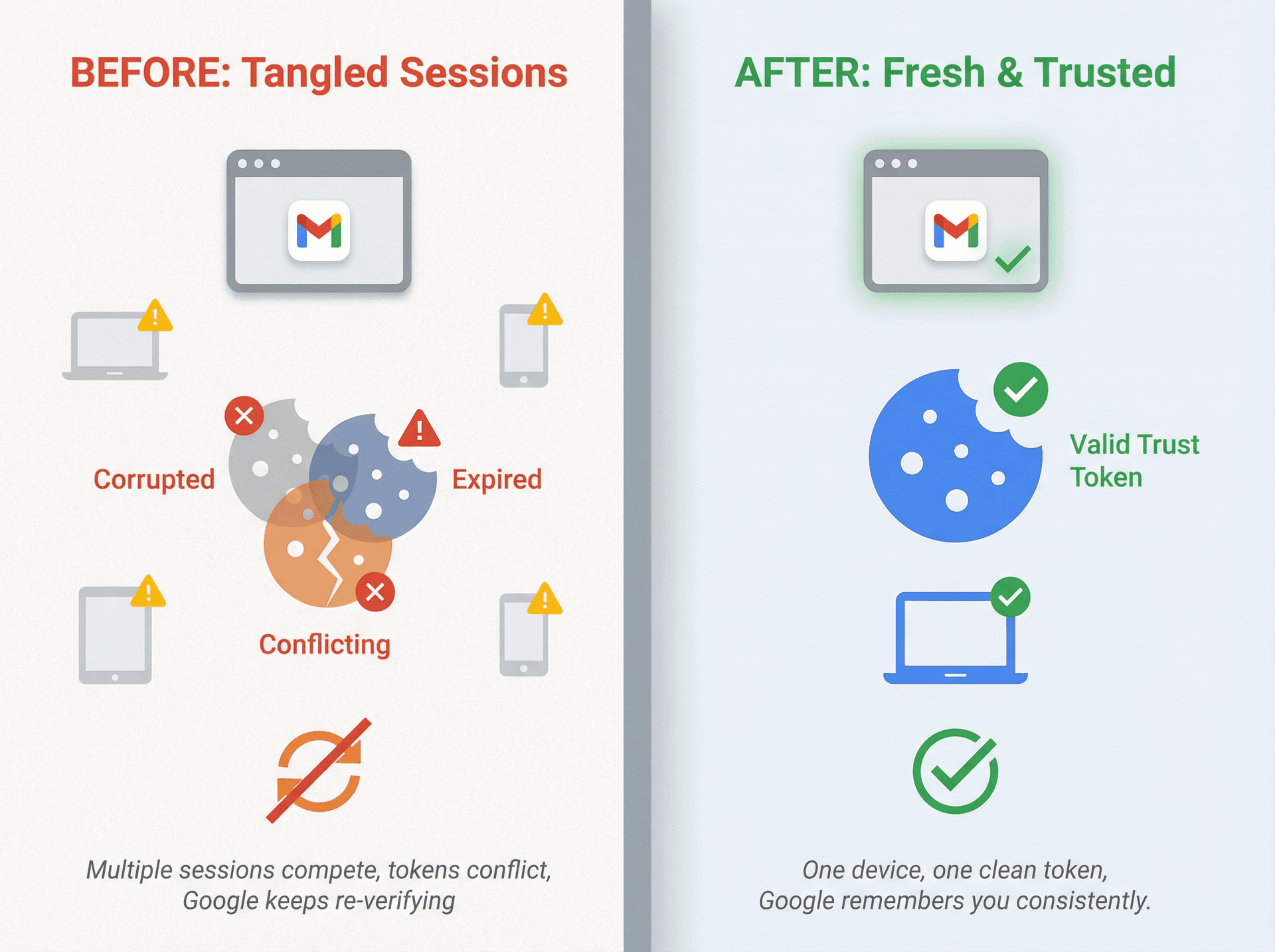 Before and after comparison showing tangled Gmail sessions with multiple failed trust tokens versus clean single-device trusted state