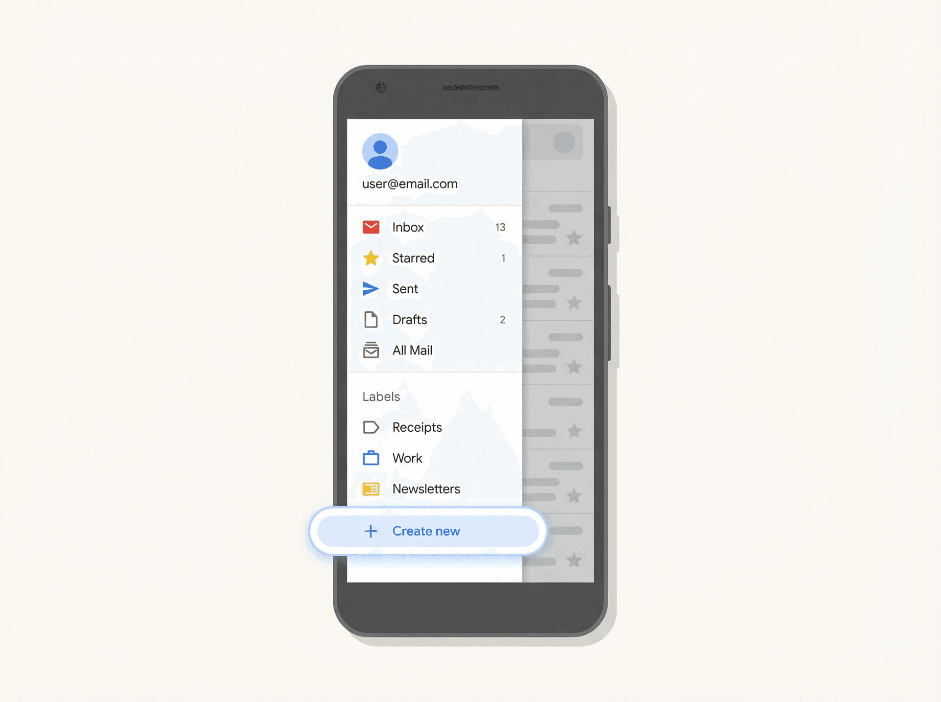 Gmail app on iPhone showing the sidebar menu with the Labels section and Create new option highlighted