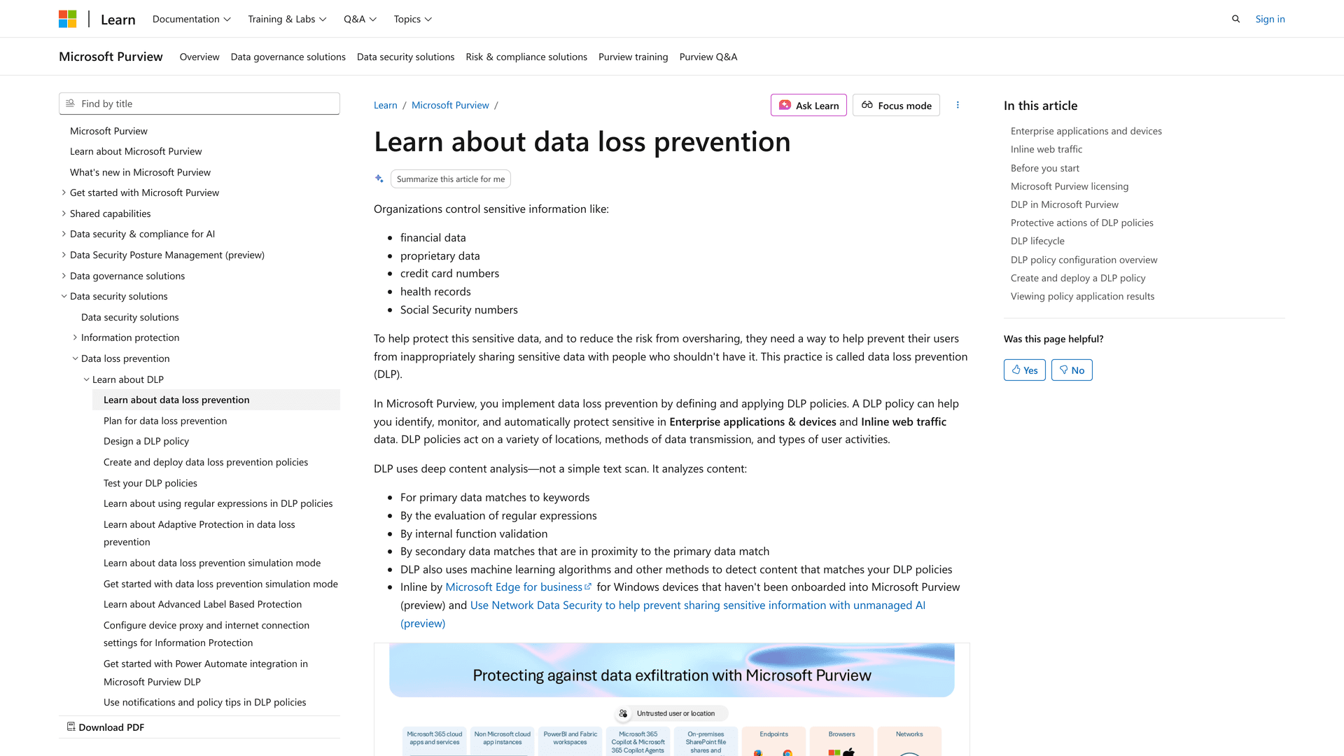 Microsoft Purview DLP documentation showing policy setup guidance for Exchange Online email with simulation mode rollout and sensitivity label integration