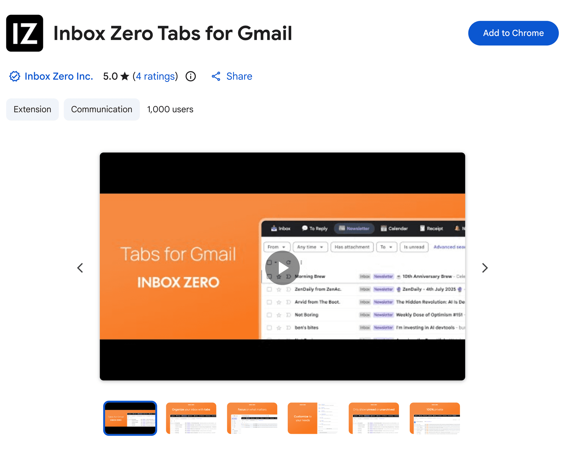 Inbox Zero Tabs for Gmail on Chrome Web Store showing 5.0 star rating, 1000 users, and a preview of the custom tabs interface inside Gmail